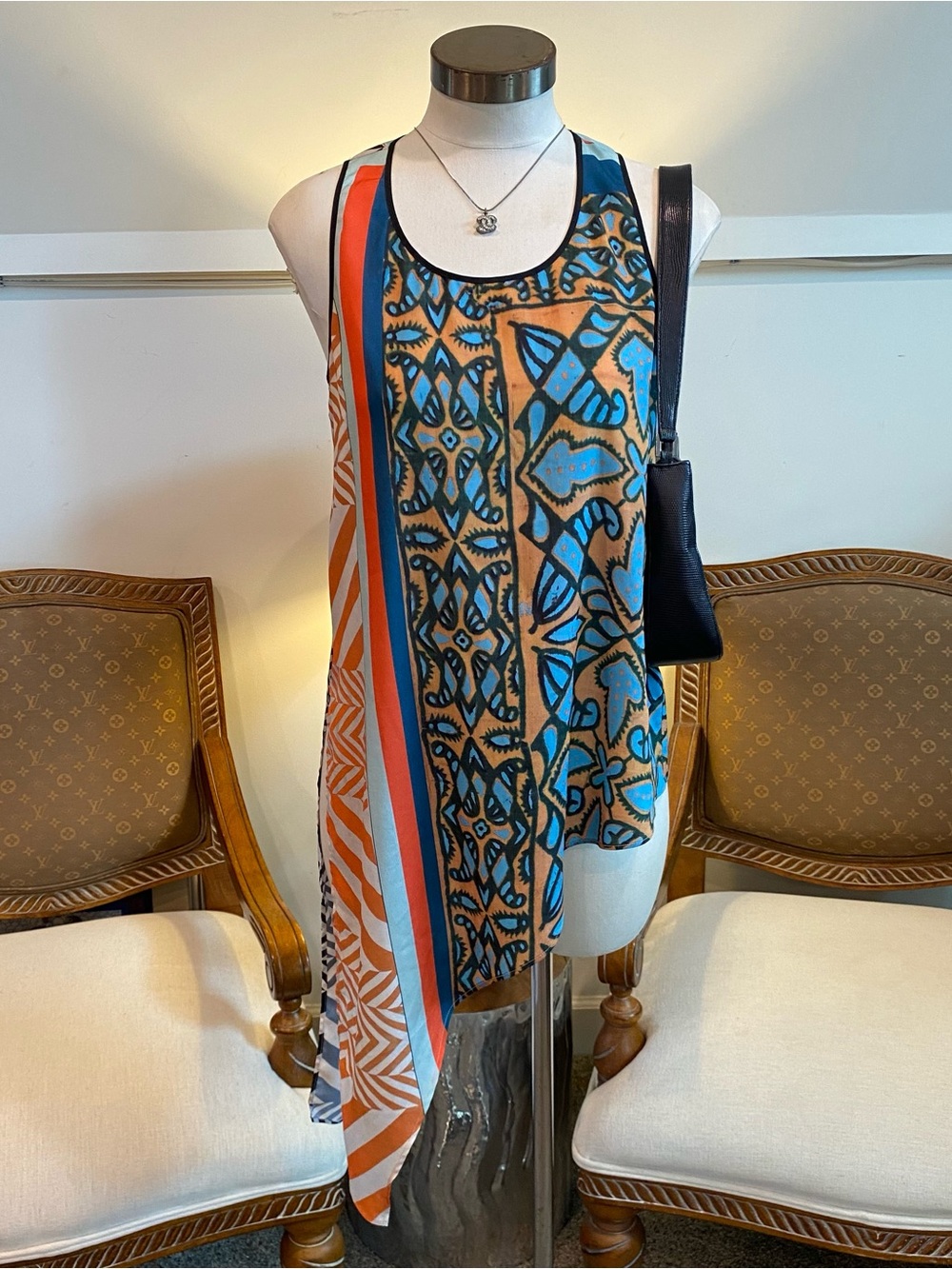 Clover Canyon Blue & Orange Abstract Patterned Sleeveless Tunic Top, Size Small